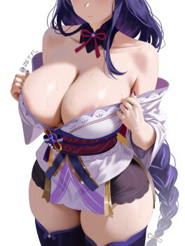 1girl areola_slip braid breasts cleavage closed_mouth collarbone commentary_request curvy detached_collar eyes_out_of_frame finger_under_clothes genshin_impact head_out_of_frame highres huge_breasts japanese_clothes kimono long_hair low-braided_long_hair low-tied_long_hair nail_polish off_shoulder purple_hair purple_kimono purple_nails raiden_shogun simple_background solo spanish_commentary sweat thick_thighs thighhighs thighs twitter_username undressing very_long_hair white_background zetyi