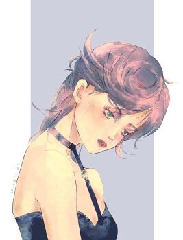 1girl black_choker black_dress blue_eyes choker cropped_torso dress gensou_getsumen_rt highres jojo_no_kimyou_na_bouken pink_hair purple_background solo strapless strapless_dress trish_una vento_aureo