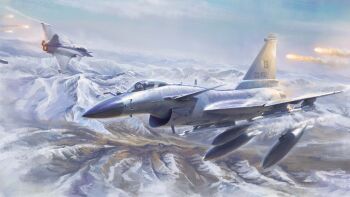 1other absurdres aerial_battle aircraft airplane ambiguous_gender battle canopy_(aircraft) chengdu_j-10 cloud contrail dassault_rafale dogfight fighter_jet flares_(countermeasure) flying helmet highres indian_air_force jeffholy military_vehicle mountain original pakistan_air_force pakistani_flag sky smoke vehicle_focus