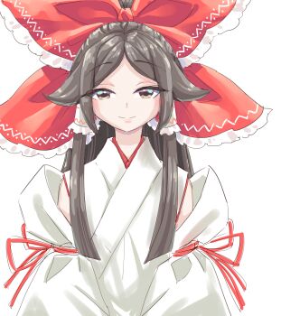 1girl bow brown_eyes brown_hair commentary_request foul_detective_satori frilled_bow frilled_hair_tubes frills gensokyo's_first_hakurei_miko hair_bow hair_tubes japanese_clothes kosode looking_at_viewer miko red_bow s-a-murai simple_background smile solo touhou white_background