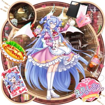 3girls aged_up alternate_costume alternate_hair_color alternate_hair_length alternate_hairstyle alternate_wing_color apron ascot bar_(place) bar_stool bat_wings black_dress blue_eyes blue_hair book bookshelf character_print cherry_tomato closed_eyes closed_mouth crystal_wings cup dress drinking_glass drinking_straw enmaided facing_viewer fang fang_out flandre_scarlet flandre_scarlet_(vampire_pursuing_the_hunter) food frilled_dress frills full_body game_cg grey_hair halo head_wings heart heart_hands highres holding holding_saucer holding_teapot holding_tray hong_meiling ice ice_cube izayoi_sakuya juliet_sleeves ketchup ketchup_bottle long_hair long_sleeves maid maid_apron maid_headdress mini_person minigirl multicolored_wings multiple_girls official_art omelet omurice open_mouth photo_(object) pink_dress plate pointy_ears pouring puffy_sleeves purple_hair red_ascot red_nails remilia_scarlet remilia_scarlet_(modern-day_makai's_charismatic_mistress) rotte_(1109) saucer smile soda solo_focus stool teacup teapot third-party_source tomato touhou touhou_lostword translation_request transparent_background tray very_long_hair white_apron white_wings wings