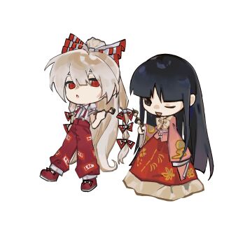 2girls baggy_pants bamboo_print belt black_hair bow bowtie brown_eyes buttons chibi chibi_only cloud_print collared_shirt floral_print food frills fujiwara_no_mokou full_body hair_between_eyes hair_bow half-closed_eye hand_on_own_hip hand_up high_ponytail highres holding holding_skewer houraisan_kaguya lei_niao3375 long_hair long_skirt long_sleeves looking_at_another moon_print multiple_girls mushroom ofuda ofuda_on_clothes one_eye_closed open_mouth pants parted_bangs pink_shirt ponytail red_eyes red_pants red_shoes red_skirt shirt shoes short_sleeves sidelocks simple_background skewer skirt smile standing standing_on_one_leg suspenders torn_clothes torn_shirt touhou very_long_hair white_background white_belt white_bow white_bowtie white_hair white_shirt wide_sleeves