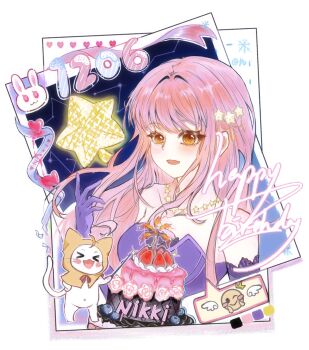 Rule 34 | > <, 1girl, absurdres, ahoge, animal, artist name, bare shoulders, birthday cake, blush stickers, bow, bowtie, brown eyes, cake, cat, cloak, clothed animal, collarbone, commentary request, constellation, dated, dress, ear covers, elbow gloves, emoji, english text, eyelashes, food, gloves, hair intakes, hair ornament, hand up, happy birthday, heart, highres, hood, hood up, hooded cloak, jewelry, lace, lace-trimmed gloves, lace trim, light blush, long hair, long sidelocks, momo (nikki), navel, necklace, night, nikki (nikki), nikki (series), open mouth, pink hair, purple dress, purple gloves, rabbit, red bow, red bowtie, sidelocks, smile, snowflakes, speech bubble, spoken expression, star (symbol), star hair ornament, star necklace, star sea (nikki), strapless, strapless dress, upper body, very long hair, wavy hair, white background, white cat, yaoye42233, yellow cloak