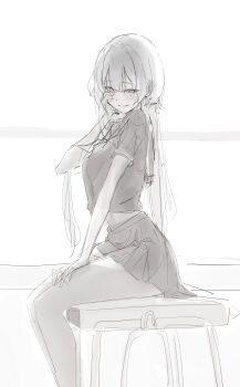 1girl absurdres black_skirt blush breasts classroom crop_top crop_top_overhang desk feet_out_of_frame from_side greyscale hair_ornament hair_tie hand_on_own_cheek hand_on_own_face head_tilt high-waist_skirt highres indoors laneigu large_breasts looking_at_viewer looking_to_the_side low_twintails midriff mole mole_under_eye monochrome narrowed_eyes neckerchief on_desk original pleated_skirt sailor_collar school_uniform short_sleeves sitting sketch skirt smile solo twintails yuzu_(laneigu)