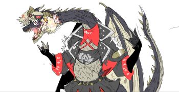 black_jacket black_scales black_skirt black_tube_top blonde_hair burnice_white burnice_white_(cosplay) claws commentary_request cosplay crop_top dragon dragon_horns dragon_tail dragon_wings eyewear_on_head fatalis gloves highres hinata_(sangeki0822) horns jacket monster monster_focus monster_hunter_(series) no_humans one_eye_closed open_mouth red-tinted_eyewear red_eyes sharp_teeth short_hair skirt solo spiked_belt spiked_jacket star_(symbol) strapless sunglasses tail teeth tinted_eyewear tube_top twintails western_dragon wings wink_star zenless_zone_zero