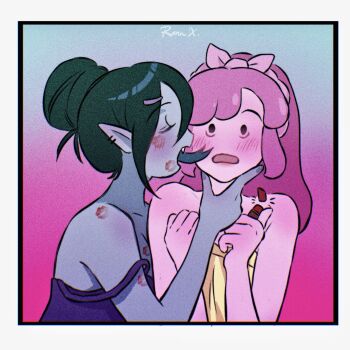 2girls adventure_time black_hair blue_background blush camisole closed_eyes cosmetics fang film_grain gradient_hair hair_bun hand_on_another's_face highres holding holding_lipstick_tube licking licking_another's_face lipstick_mark lipstick_mark_on_arm lipstick_mark_on_face lipstick_tube marceline_abadeer multicolored_hair multiple_girls open_mouth pink_background pink_hair princess_bonnibel_bubblegum purple_camisole renax_kyo strap_slip upper_body yuri
