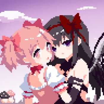 1girl 2girls absurdres akemi_homura black_hair blush bow commentary_request dress gloves hair_bow hair_ribbon highres kaname_madoka long_hair magical_girl mahou_shoujo_madoka_magica multiple_girls pink_eyes pink_hair pixel_art ribbon short_hair short_twintails skirt smile takeez3 twintails