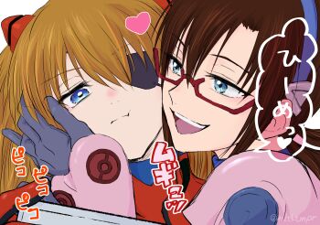 2girls :t blue_eyes bodysuit brown_hair closed_mouth comforting commentary crying crying_with_eyes_open eyepatch facing_another forehead-to-forehead glasses gloves grey_gloves hair_between_eyes hair_ornament hairband hairclip hand_on_another's_cheek hand_on_another's_face handheld_game_console happy heads_together heart highres holding holding_handheld_game_console hug interface_headset_(evangelion) long_hair makinami_mari_illustrious mecha_pilot_suit misuzuichiko multiple_girls neon_genesis_evangelion open_mouth orange_hair pink_bodysuit plugsuit_(evangelion) pout puffy_cheeks rebuild_of_evangelion red-framed_eyewear red_bodysuit red_gloves smile souryuu_asuka_langley speech_bubble tearing_up tears white_background yuri