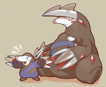 animal_focus blue_eyes claws closed_mouth drilbur evolutionary_line excadrill full_body gen_5_pokemon highres mole_(animal) nintendo no_humans open_mouth pokemon pokemon_(creature) pokemon_focus red_eyes s_malto33 simple_background smile