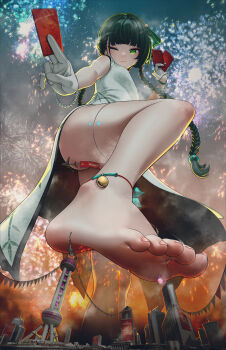 1girl absurdres aircraft airplane alternate_costume alternate_hairstyle android anklet barefoot braid building chinese_clothes city convenient_censoring feet fireworks foot_focus foreshortening from_below giant giantess gloves hair_ornament highres hongbao huge_filesize jewelry leg_up miaokong no_panties one_eye_closed pov_stomped qingyi_(zenless_zone_zero) soles sphere_hair_ornament standing standing_on_one_leg toes tower twin_braids white_gloves wink zenless_zone_zero