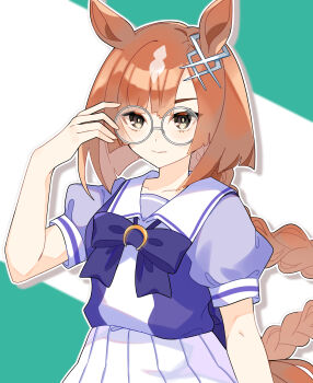 absurdres animal_ears blush bow bowtie braid braided_ponytail brown_hair closed_mouth collarbone commentary_request ear_ornament glasses grey-framed_eyewear highres horse_ears horse_girl horse_tail ikuno_dictus_(umamusume) long_hair looking_at_viewer multicolored_hair pleated_skirt puffy_short_sleeves puffy_sleeves purple_bow purple_bowtie purple_shirt rinsuko round_eyewear sailor_collar sailor_shirt school_uniform shirt short_sleeves skirt tail tracen_school_uniform twintails umamusume variant_set white_sailor_collar white_skirt