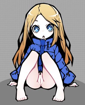 1girl :o akableak barefoot blonde_hair blue_eyes blue_jacket bottomless cleft_of_venus coat diana_(pragmata) feet grey_background highres jacket loli long_hair looking_at_viewer open_mouth pragmata pussy sitting solo uncensored