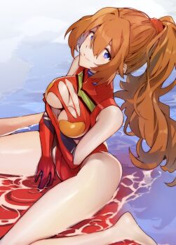 1girl alternate_hairstyle barefoot blue_eyes breasts commentary elbow_gloves evangelion:_3.0+1.0_thrice_upon_a_time from_side gloves high_ponytail highres long_hair looking_at_viewer neon_genesis_evangelion one-piece_swimsuit ponytail rebuild_of_evangelion red_gloves red_hair red_one-piece_swimsuit sitting smile solo souryuu_asuka_langley swimsuit torn_clothes torn_swimsuit wariza yagisawa_teru