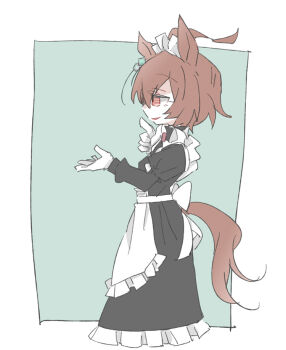 Rule 34 | 1girl, agnes tachyon (umamusume), ahoge, alternate costume, animal ears, apron, beer hsk, black dress, brown hair, commentary request, dress, enmaided, frilled apron, frilled dress, frills, gloves, grey background, hair between eyes, horse ears, horse girl, horse tail, juliet sleeves, long sleeves, maid, maid apron, maid headdress, profile, puffy sleeves, red eyes, solo, tail, two-tone background, umamusume, white apron, white background, white gloves