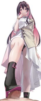 1boy 1girl ascot asymmetrical_dress azki_(4th_costume)_(hololive) azki_(hololive) black_footwear black_hair boots breasts censored clothed_female_nude_male collared_dress colored_inner_hair commentary covering_own_mouth dress femdom gradient_clothes gradient_dress hair_intakes hair_ornament hetero high-low_dress high_heel_boots high_heels highres hololive inukai_mofu knee_boots long_hair looking_at_viewer medium_breasts mosaic_censoring multicolored_hair nude paid_reward_available penis pink_hair purple_eyes shoe_soles stepped_on streaked_hair striped_clothes striped_dress vertical-striped_clothes vertical-striped_dress virtual_youtuber white_ascot white_background white_dress white_hair