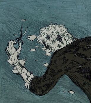 1boy broken_skin highres holding holding_scissors lying male_focus on_ground on_stomach original paper peeling_skin revol4357 scissors self-harm short_hair solo surreal symbolism upper_body