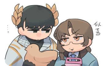 Rule 34 | ..., 2boys, absurdres, alternate costume, animal, baby animal, beard stubble, bird, black-framed eyewear, black-framed glasses, black gloves, black hair, black sweater, blue coat, blue necktie, box, brown hair, brown trim, brown vest, carrying, chibi, chick, closed mouth, coat, collared shirt, cropped torso, crown, doll, dress shirt, duck, e.g.o (project moon), expressionless, eye contact, facial hair, formal clothes, glasses, gloves, green eyes, gregor (project moon), hair between eyes, hair intakes, hair ornament, half-closed eyes, highres, holding, holding animal, holding box, holding doll, holding duck, jitome, lapels, laurel crown, laurels, limbus company, long hair, long sleeves, looking at another, looking down, looking to the side, looking up, low ponytail, male focus, meursault (project moon), multiple boys, necktie, official alternate costume, okazu1324343, open clothes, open coat, parted bangs, parted lips, ponytail, project moon, pursuance (e.g.o), quilted clothes, semi-rimless eyewear, shirt, short hair, simple background, smile, stubble, stuffed animal, stuffed duck, stuffed toy, suit, sweater, turtleneck, under-rim eyewear, upper body, v-shaped eyebrows, vest, white background, white coat, white shirt, yellow eyes, zwei association south uniform