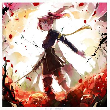 1girl black_gloves blue_eyes clair_obscur:_expedition_33 fingerless_gloves gloves highres holding holding_sword holding_weapon long_hair maelle_(clair_obscur:_expedition_33) ponytail rapier red_hair solo sword upper_body weapon yamishinofficial