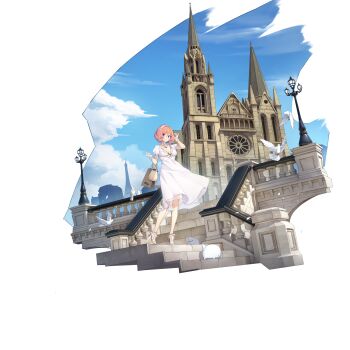 1girl absurdres architecture arm_up artist_request bag bird blue_eyes blue_sky blush breasts cathedral church cleavage cloud country_connection dove dress eiffel_tower elbow_carry european_architecture france gloves gothic_architecture hairband hand_in_own_hair handbag high_heels highres holding holding_bag jean_bart_(warship_girls_r) lamppost looking_at_viewer notre_dame_de_paris official_alternate_costume official_art open_mouth paper_bag paris pillar pink_hair real_world_location shoes shopping_bag short_hair silhouette sky smile warship_girls_r white_dress white_gloves white_hairband white_shoes