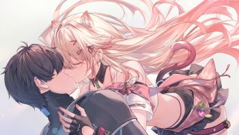 1boy 1girl absurdres animal_ear_fluff animal_ears artist_request black_gloves black_hair black_skirt cat_ears cat_girl cat_tail character_request closed_eyes collarbone commentary_request earrings fingerless_gloves gloves hair_ornament hairclip highres jewelry kiss long_hair mia_skye navel official_art skirt snowbreak:_containment_zone tail