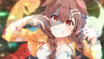 animal_ears blush bone_hair_ornament brown_eyes brown_hair closed_mouth colored_skin dog_ears dog_girl dress fang ghost grey_skin hair_ornament highres hololive inugami_korone inugami_korone_(1st_costume) jacket listener_(inugami_korone) looking_at_viewer maritchi patchwork_skin smile solo virtual_youtuber white_dress yellow_jacket