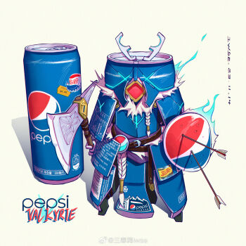 arrow_(symbol) artist_name aura axe battle_axe beard belt braid can chromatic_aberration dated drink_can english_text facial_hair highres holding holding_axe holding_shield holding_weapon iwse_zhang logo mechanization no_humans non-humanoid_robot one-eyed original pepsi price red_eyes robot shield signature simple_background soda_can sticker watermark weapon weibo_username weibo_watermark white_background white_hair