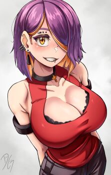 1girl armpit_crease black_pants blush bra bra_peek breasts choker cleavage cleavage_cutout clothing_cutout collarbone commentary cowboy_shot cross cross_choker dilan_griz ear_piercing earrings english_commentary eyebrow_piercing face_piercing hair_over_one_eye highres jewelry large_breasts lip_piercing looking_at_viewer multicolored_hair multiple_piercings nose_piercing one_eye_covered orange_eyes orange_streaks original pants parted_bangs piercing purple_hair queen_(dilan_griz) red_shirt shirt short_hair simple_background smile solo streaked_hair underwear white_background