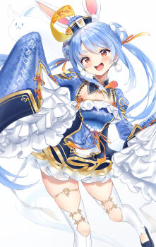 1girl :d absurdres animal_ears blue_dress blue_hair blue_hat blue_sleeves braid braided_bun breasts commentary_request detached_collar don-chan_(usada_pekora) double_bun dress earrings extra_ears frilled_dress frills ghost hair_bun hat highres hikimayu hololive jewelry jiangshi_costume long_hair long_sleeves mandarin_collar medium_breasts multicolored_hair official_alternate_costume official_alternate_hairstyle ofuda open_mouth orange_eyes pom_pom_(clothes) pom_pom_earrings qingdai_guanmao rabbit-shaped_pupils rabbit_ears rabbit_girl short_dress short_eyebrows side_up_bun sidelocks sleeves_past_fingers sleeves_past_wrists smile solo symbol-shaped_pupils teeth terra_bose thick_eyebrows thighhighs thighlet twintails two-tone_hair upper_teeth_only usada_pekora usada_pekora_(jiangshi) very_long_hair virtual_youtuber white_hair white_thighhighs