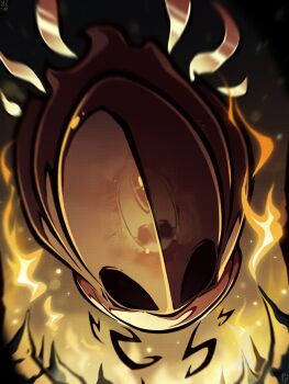 black_eyes bug fire highres holding hollow_eyes hollow_knight hollow_knight:_silksong hornet_(hollow_knight) horns looking_at_viewer pinrhyme reflection savage_beastfly_(hollow_knight) scared solo watermark wings