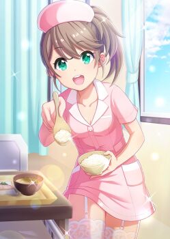 1girl bed bed_tray_table blue_sky bowl breasts brown_hair buttons cleavage cloud collarbone commentary_request day dot_nose dress garter_straps green_eyes hat high_side_ponytail hiyo_(project_tokyo_dolls) holding holding_bowl holding_spoon incoming_food indoors infirmary lace lace_thighhighs lens_flare looking_at_viewer nurse nurse_cap official_art open_mouth pink_dress pink_hat ponytail project_tokyo_dolls rice second-party_source short_ponytail short_sleeves sky small_breasts solo sparkle spoon sunlight teeth thighhighs tray upper_teeth_only white_garter_straps white_thighhighs window