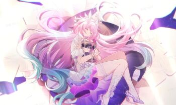 1girl aqua_hair book chinese_commentary closed_eyes closed_mouth commentary_request cyrene_(demiurge)_(honkai:_star_rail) cyrene_(honkai:_star_rail) dress flower fuyujiang gradient_hair hair_flower hair_ornament high_heels holding holding_book honkai:_star_rail honkai_(series) hugging_book hugging_object long_hair multicolored_hair pink_hair pointy_ears smile solo very_long_hair white_dress