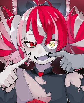 1girl absurdres azvpql8mzb9505 black_nails bow colored_skin fangs finger_in_own_mouth hair_bow highres hololive hololive_indonesia kureiji_ollie kureiji_ollie_(1st_costume) multicolored_hair multicolored_skin open_mouth simple_background stitched_face stitches teeth torn_clothes zombie