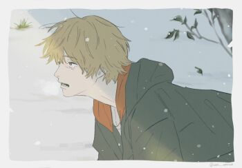 1boy black_hoodie blonde_hair border chainsaw_man crying denji_(chainsaw_man) grass grey_border hair_between_eyes highres hood hood_down hoodie male_focus open_mouth outdoors shirt short_hair snow snowing solo tears tree uni_(uni_unico) upper_body white_shirt yellow_eyes
