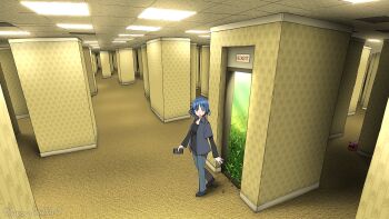1girl absurdres backrooms_(creepypasta) black_shirt black_shoes blue_hair bocchi_the_rock! cellphone day exit_sign gotoh_hitori gotoh_hitori_(tsuchinoko) grass grey_pants grey_shirt highres holding holding_phone indoors layered_sleeves long_sleeves looking_at_viewer open_clothes open_door open_shirt pants phone shapoco shirt shoes short_over_long_sleeves short_sleeves smartphone solo standing wide_shot yamada_ryo