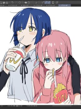 2girls :t arm_around_shoulder art_program_in_frame black_ribbon black_sleeves blue_eyes blue_hair blush_stickers bob_cut bocchi_the_rock! brand_name_imitation clip_studio_paint clip_studio_paint_(medium) collared_shirt commentary cropped_torso cube_hair_ornament cup disposable_cup drink drinking drinking_straw drinking_straw_in_mouth eating fast_food food food_in_mouth french_fries friends gotoh_hitori hair_between_eyes hair_ornament hairclip hairpin highres holding holding_drink holding_food jacket layered_sleeves long_hair long_sleeves looking_ahead looking_down mole mole_under_eye multiple_girls multiple_hairpins natari_(r161koevytjqxo) neck_ribbon one_side_up parallel_hairclips pink_hair pink_jacket ribbon school_uniform shimokitazawa_high_school_uniform shirt short_hair short_over_long_sleeves short_sleeves side_ahoge sidelocks simple_background sketch soda straight_hair track_jacket wcdonald&#039;s white_background white_shirt yamada_ryo yellow_eyes
