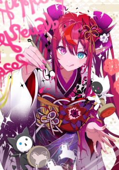 1girl :q bloom_(irys) blue_eyes calligraphy_brush commentary double-parted_bangs double_halo flower gloom_(irys) gradient_clothes gradient_kimono hair_between_eyes hair_flower hair_ornament halo hand_up hashtag-only_commentary heterochromia highres holding holding_calligraphy_brush holding_paintbrush hololive hololive_english horns irys_(hololive) irys_(new_year)_(hololive) itaboon japanese_clothes kimono long_hair looking_at_viewer multicolored_kimono nail_polish obi official_alternate_costume paintbrush pink_eyes pink_nails pointy_ears print_kimono purple_hair purple_kimono red_streaks sash sidelocks solo star-shaped_pupils star_(symbol) star_halo symbol-shaped_pupils tongue tongue_out twintails v-shaped_eyebrows very_long_hair virtual_youtuber white_kimono wide_sleeves writing