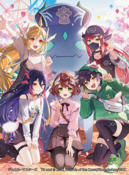 Rule 34 | 2026, 5girls, animal hood, anno akira, anno syura, bag, balloon, baseball cap, black boots, black choker, black hair, black hat, black mask, black skirt, black thighhighs, blonde hair, blue hair, boots, brown bag, brown hair, brown pantyhose, brown skirt, cherry blossoms, choker, closed mouth, commentary request, copyright notice, cosplay, dragon girl, dragon horns, dragon musume ni naritakunai!, dress, duel masters, esukee, green eyes, green hoodie, green shoes, hair ornament, harusaki eiku, hat, hood, hood up, hoodie, horns, hoshi feruki, jacket, jewelry, kigurumi, long hair, looking at viewer, multicolored hair, multiple girls, necklace, official art, on one knee, open clothes, open jacket, open mouth, orange eyes, orange hair, outdoors, pantyhose, paw pose, pinafore dress, pink hair, red eyes, red hair, red shirt, ribbed sweater, rudo thana, seiza, sharp teeth, shirt, shoes, short hair, shoulder bag, sidelocks, sitting, skirt, sleeveless, sleeveless dress, standing, sweater, teeth, thigh strap, thighhighs, upper teeth only, v, white bag, white shirt