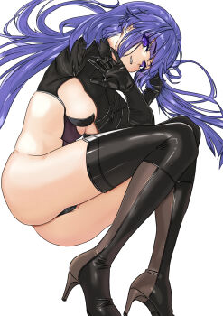 1girl alternate_breast_size_(smaller) ass azur_lane black_boots black_gloves boots breasts chinese_commentary commentary_request from_side gloved_sleeves gloves high_heel_boots high_heels highres large_breasts long_hair mogador_(azur_lane) mogador_(olfactory_nursery_call)_(azur_lane) official_alternate_costume purple_eyes purple_hair shenjian_xuanyan simple_background solo thigh_boots very_long_hair white_background