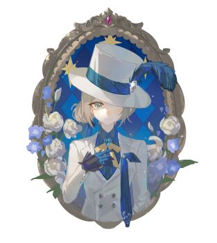 Rule 34 | 1girl, absurdres, argyle background, blue background, blue gloves, blue shirt, border, buttons, closed mouth, coat, collared shirt, double-breasted, flower, gloves, grey eyes, grey hair, hair bun, hand up, hat, hat feather, hat over one eye, highres, looking at viewer, neck ribbon, one eye covered, ornate border, oval image, purple flower, reverse:1999, ribbon, shirt, short hair, single side bun, solo, top hat, upper body, vertin (ipstar) (reverse:1999), vertin (reverse:1999), white coat, white flower, white hat, xianyu (xianyu55596), yellow ribbon