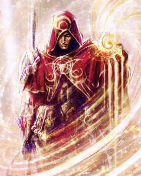 1boy absurdres adam_warlock adam_warlock_(blood_soul) belt cloak colored_skin commentary commission english_commentary gold_mask gold_trim guardians_of_the_galaxy highres holding holding_orb looking_at_viewer male_focus marvel marvel_rivals official_alternate_costume one_eye_covered orb pouch red_cloak teardrop tylor_hepner watermark yellow_eyes yellow_skin