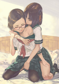 2girls absurdres biting biting_ear black_shoes brown_hair closed_eyes collarbone commentary english_commentary glasses grabbing_another's_breast green_skirt groping hair_ornament hairclip highres indoors kodomo_doushi loli medium_hair multiple_girls neckerchief on_bed original pink_lips pleated_skirt pussy_juice pussy_juice_trail red-framed_eyewear red_neckerchief roly_poly_(aulischeung) school_uniform serafuku sex_toy shoes skirt strap_slip sweat yuri
