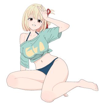 1girl barefoot bikini bikini_top_under_shirt bikini_under_clothes blonde_hair blue_bikini breasts green_shirt hair_ribbon highres looking_at_viewer lycoris_recoil midriff navel nishikigi_chisato red_eyes ribbon shirt short_hair short_sleeves simple_background single_off_shoulder sitting smile solo swimsuit teeth thighs tied_shirt umatarou_(a05867430) v v_over_head white_background yokozuwari
