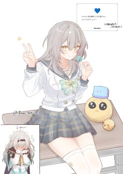 2girls absurdres aqua_bow aqua_bowtie black_hairband black_jacket blush bow bowtie breasts buttons candy closed_mouth commentary_request cosplay covering_own_face desk double-breasted firefly_(honkai:_star_rail) firefly_(honkai:_star_rail)_(cosplay) firefly_(spring_missive)_(honkai:_star_rail) food full-face_blush grey_hair grey_sailor_collar grey_skirt hair_between_eyes hairband hands_up highres holding holding_candy holding_food holding_lollipop honkai:_star_rail honkai_(series) jacket lollipop long_hair long_sleeves looking_at_viewer medium_breasts multiple_girls on_desk plaid_bow plaid_bowtie plaid_clothes plaid_skirt request_inset ryn_torishiba sailor_collar school_desk school_uniform serafuku shirt sitting skirt smile stelle_(honkai:_star_rail) thighhighs trailblazer_(honkai:_star_rail) translation_request trembling twitter_username v wavebox white_shirt white_thighhighs yellow_eyes