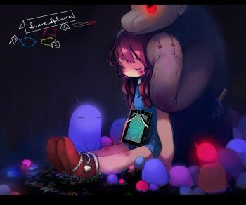 1girl 1other animal_with_human_ears animate_object arms_at_sides behind_another black_background blue_dress blush boots chalk_outline closed_eyes closed_mouth commentary creature crime_scene crying dress english_commentary evidence_markers fur-trimmed_boots fur_trim glowing glowing_eyes grass hair_over_shoulder hands_on_another's_head hecatoncheir iei knife kujira letterboxd long_hair low_twintails object_on_lap original outstretched_legs purple_hair red_boots red_eyes short_dress sitting stuffed_animal stuffed_toy teddy_bear twintails