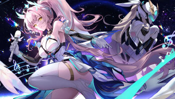 Rule 34 | 1girl, ahoge, bare shoulders, breasts, closed mouth, commentary, elbow gloves, english commentary, exostrider (wuthering waves), gloves, hair intakes, hair ornament, hibikissmoon, highres, holding, holding microphone, leotard, long hair, mecha, medium breasts, microphone, pink hair, ponytail, robot, sky, smile, space, star-shaped pupils, star (sky), star (symbol), starry sky, strapless, strapless leotard, symbol-shaped pupils, unfinished, white gloves, white leotard, wuthering waves, yellow eyes