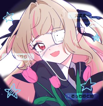 1girl black_necktie blazer blue_jacket blue_ribbon blue_sailor_collar blush collared_shirt colored_inner_hair commentary_request dialogue_box eyepatch fang flower grey_hair hair_intakes hair_ribbon highres holding holding_flower jacket kokeshi_(kokekokeko619) lapels long_hair long_sleeves looking_at_viewer makaino_ririmu medical_eyepatch monitoring_(vocaloid) multicolored_hair necktie nijisanji notched_lapels official_alternate_costume official_alternate_hairstyle open_mouth pink_flower pink_hair pink_streaks pink_tulip pointy_ears portrait pov_peephole red_eyes ribbon sailor_collar school_uniform shirt sidelocks skin_fang solo sparkle star_(symbol) streaked_hair tulip two-tone_hair two_side_up virtual_youtuber white_background white_shirt