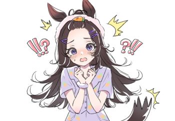 Rule 34 | !, !?, 1girl, ?, animal ears, bin ze u, blush, brown hair, carrot hair ornament, carrot print, commentary request, food-themed hair ornament, food print, hair ornament, hairband, hairclip, highres, horse ears, horse girl, horse tail, long hair, open mouth, pajamas, pink hairband, purple eyes, purple pajamas, rice shower (umamusume), scrunchie, simple background, solo, sweat, sweatdrop, tail, umamusume, white background, wrist scrunchie