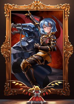 Rule 34 | 1girl, a-xii, alternate costume, armor, armored boots, barding, black armor, blonde hair, blue hair, boots, chinese commentary, commentary request, crystal, demon wings, emblem, fine art parody, flandre scarlet, frilled skirt, frills, full body, gauntlets, gold, highres, leg armor, long hair, napoleon crossing the alps, no headwear, one side up, painting (object), parody, pauldrons, plate armor, pointing, pointing up, poleyn, puffy short sleeves, puffy sleeves, red eyes, red skirt, red vest, red wings, remilia scarlet, shirt, short sleeves, shoulder armor, skirt, skirt set, solo, touhou, vest, white shirt, wings