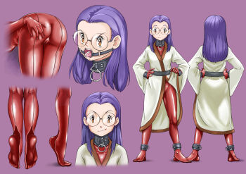 1girl absurdres albyee ass bdsm bodysuit breasts reference_sheet collar cuffs digimon digimon_adventure_02 feet gag glasses highres inoue_miyako latex latex_bodysuit medium_breasts ring_gag robe spread_ass