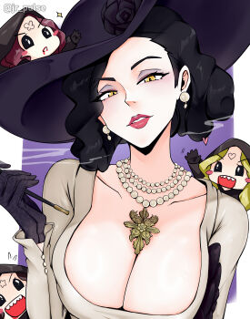 4girls absurdres alcina_dimitrescu bela_dimitrescu black_flower black_gloves black_hair black_rose blonde_hair breasts cassandra_dimitrescu cigarette_holder daniela_dimitrescu dress earrings flower gloves hat highres jewelry jrpulse large_breasts long_hair long_sleeves mature_female mother_and_daughter multiple_girls necklace pearl_earrings pearl_necklace red_lips resident_evil resident_evil_village rose sun_hat white_dress yellow_eyes